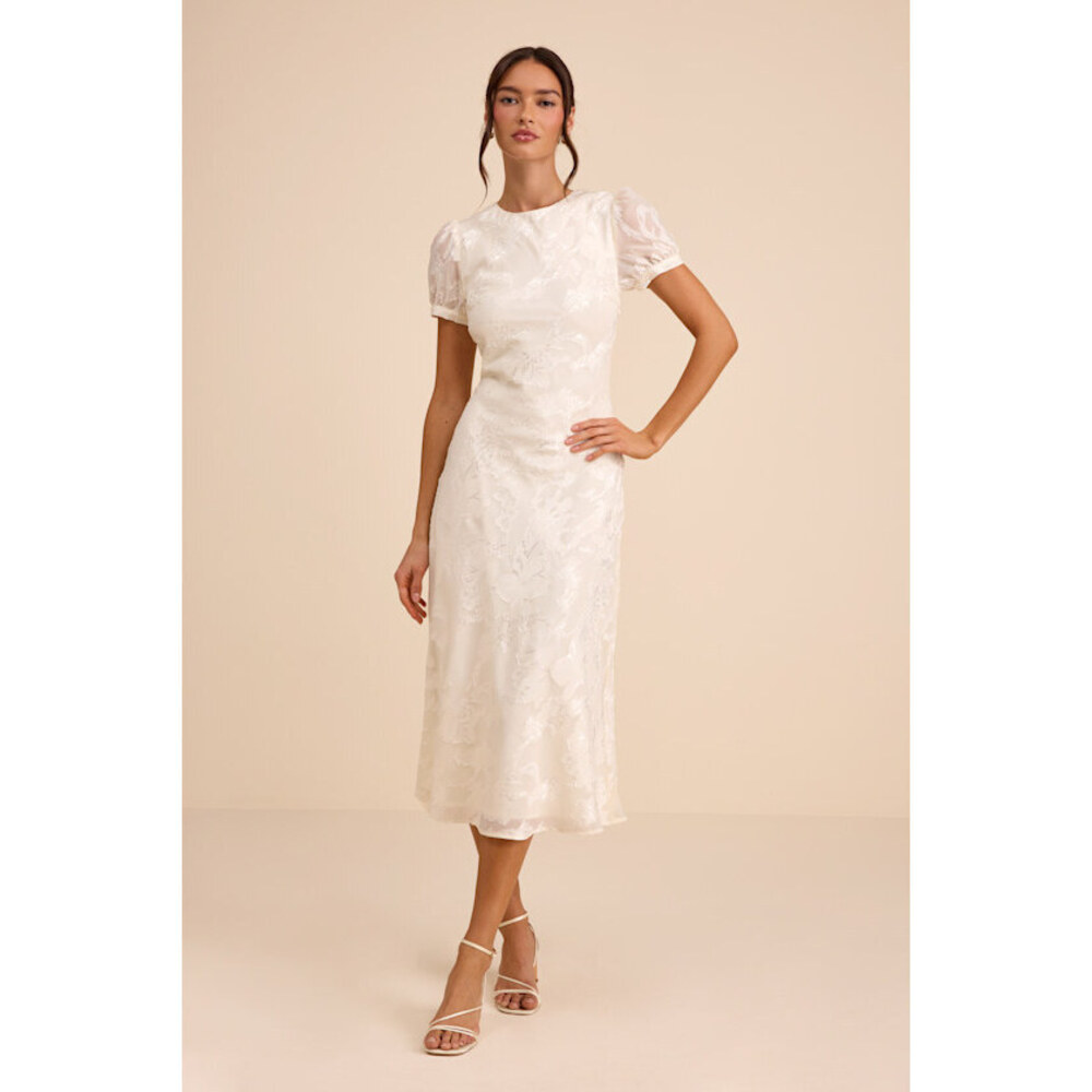 Lulus Bridget Ivory Floral Jacquard Puff Sleeve Midi Dress White - Size S